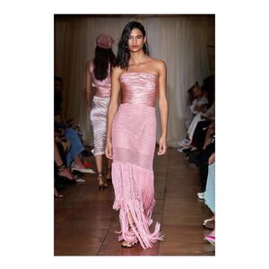 NWT Alejandra Alonso Rojas Draped Bustier Crochet Fringe Maxi Dress Rose Size 8